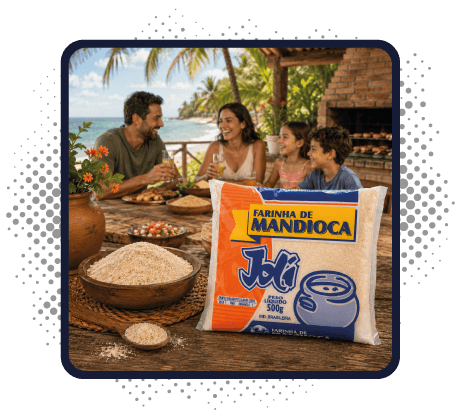 Imagem de uma família com um pacote de Farinha de Mandioca | Joli Cereais