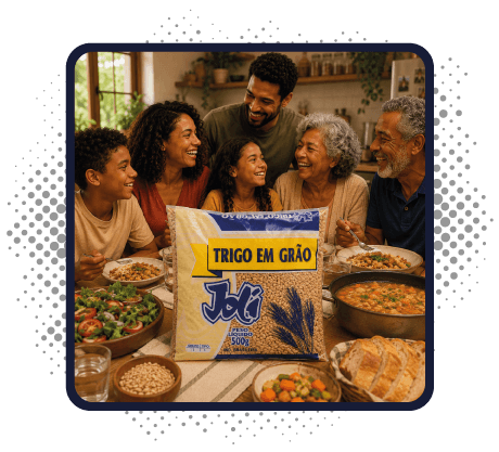 Imagem de uma família com um pacote de Trigo em Grãos | Joli Cereais