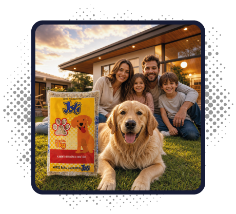 Imagem de um cachorro sentado no pátio com uma família ao fundo com a embalagem de arroz para cães | Joli Cereais