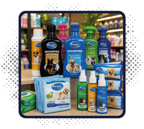 Imagem de uma mesa com toda a seleção de produtos da marca Genial Pet | Joli Cereais