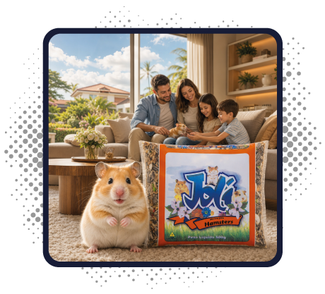 Imagem de um hamster sentado na sala com uma família ao fundo com a embalagem de mistura para hamsters | Joli Cereais